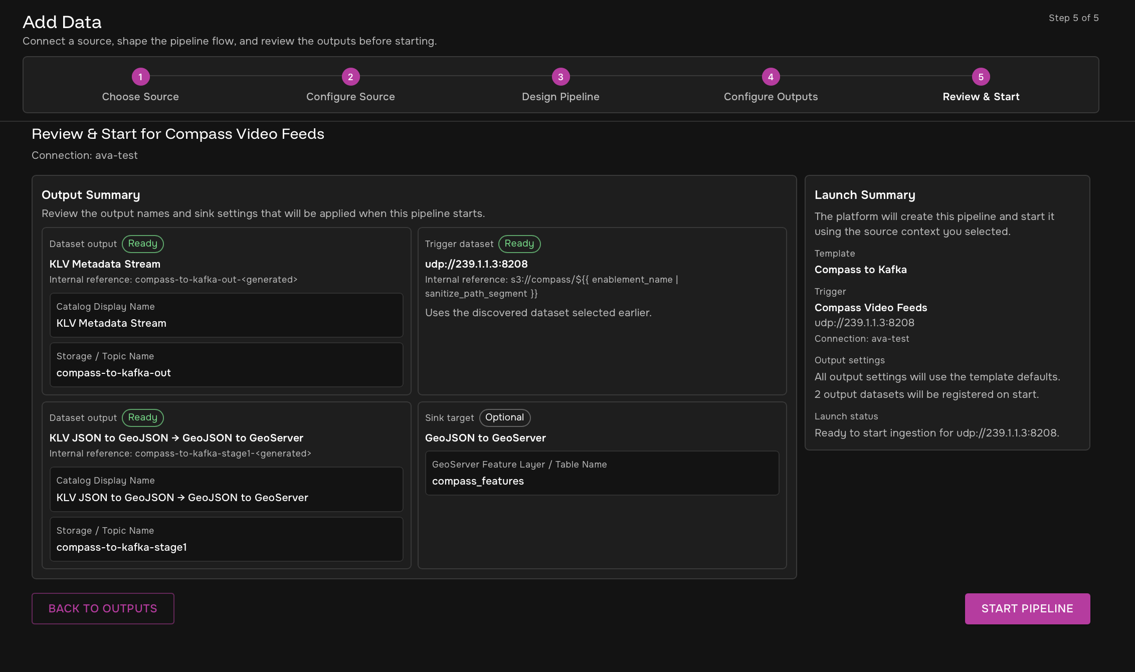 Compass pipeline review and start screen