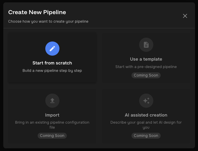 Create New Pipeline dialog with options