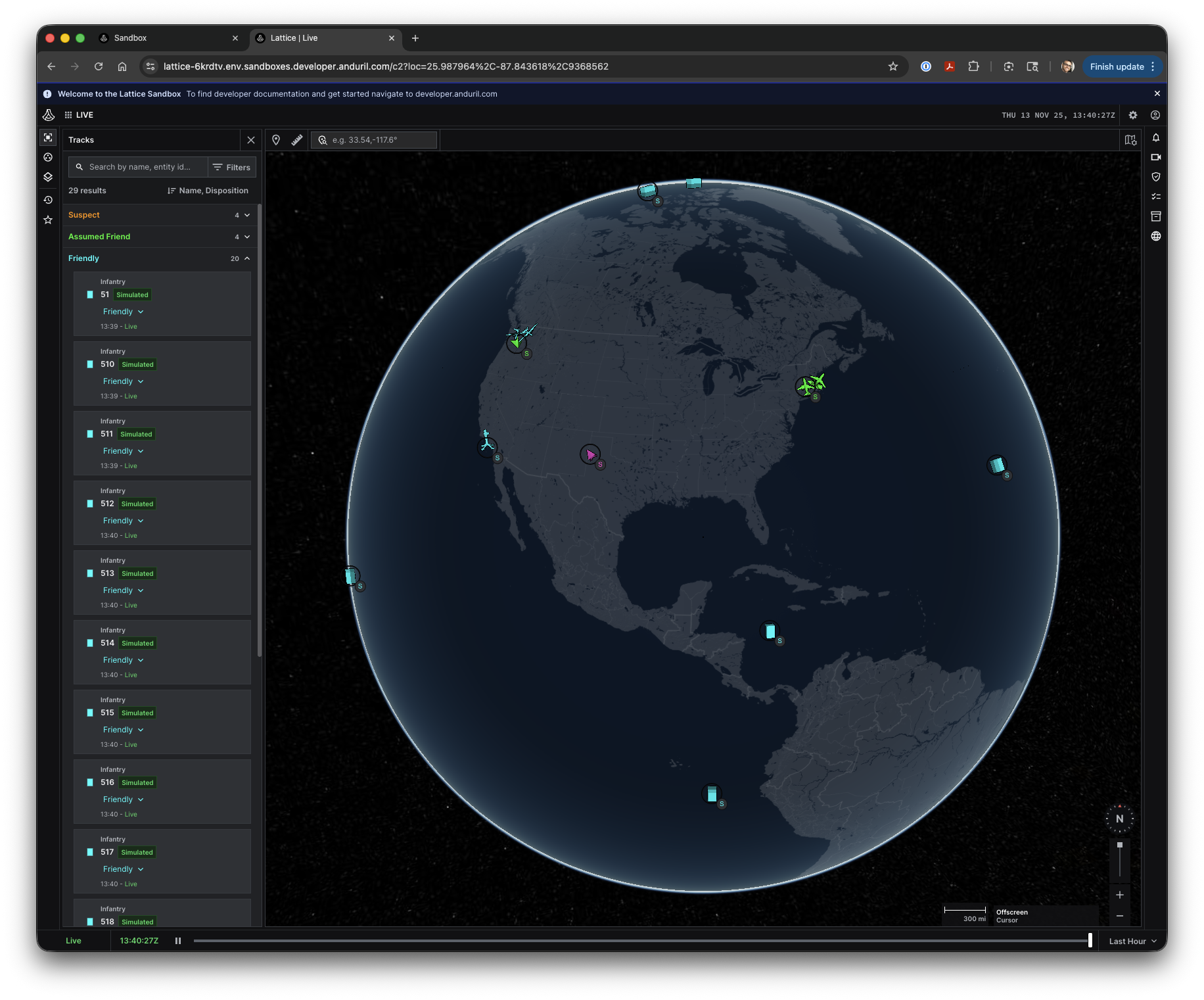 Lattice 3D globe view showing entity locations