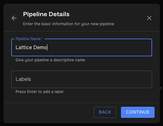 Pipeline Details form with "Lattice Demo" entered