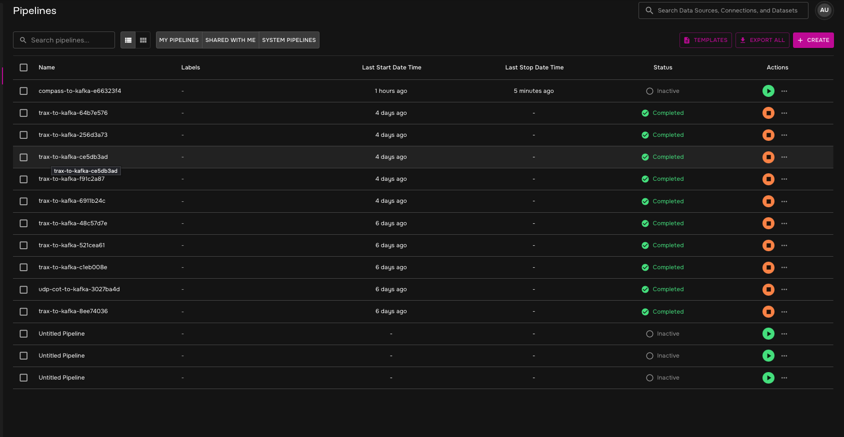 Pipelines page with Create button