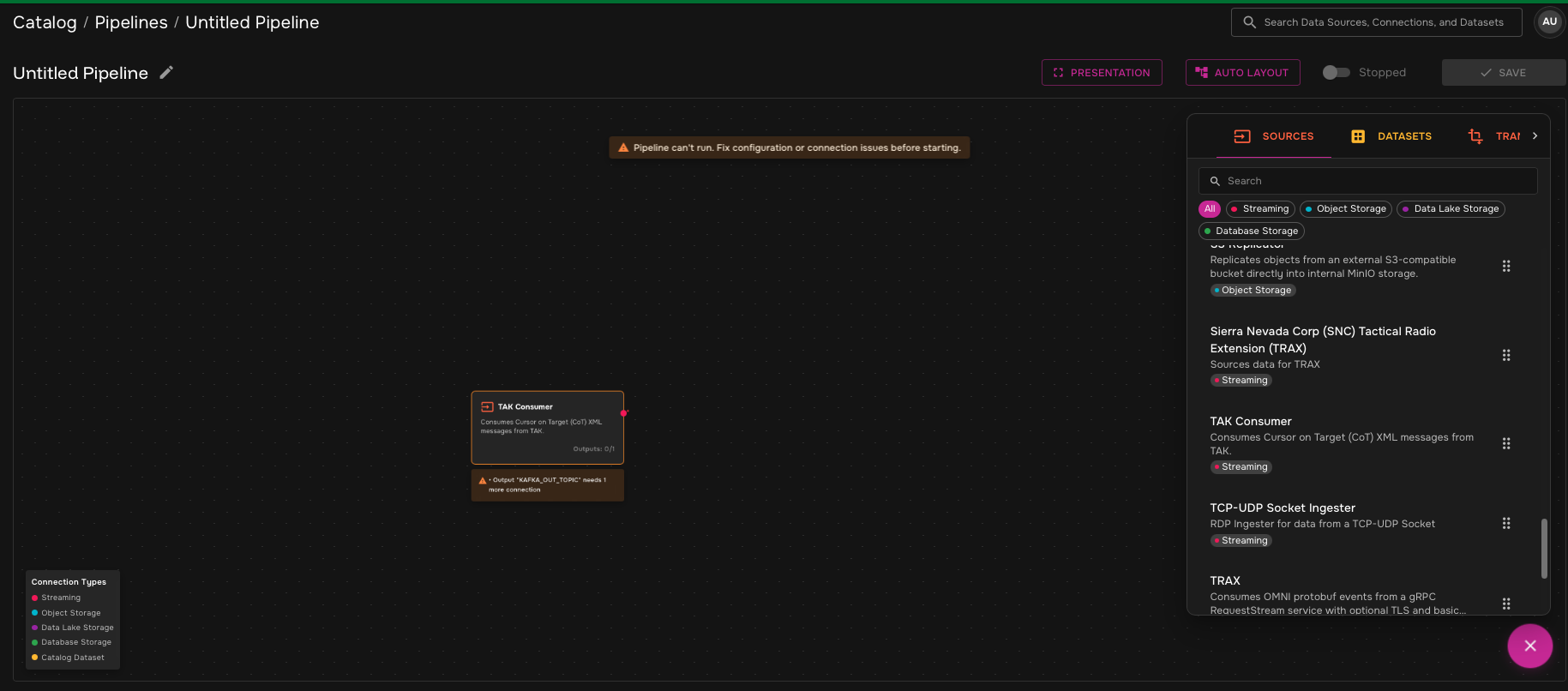 TAK Consumer source added to pipeline canvas