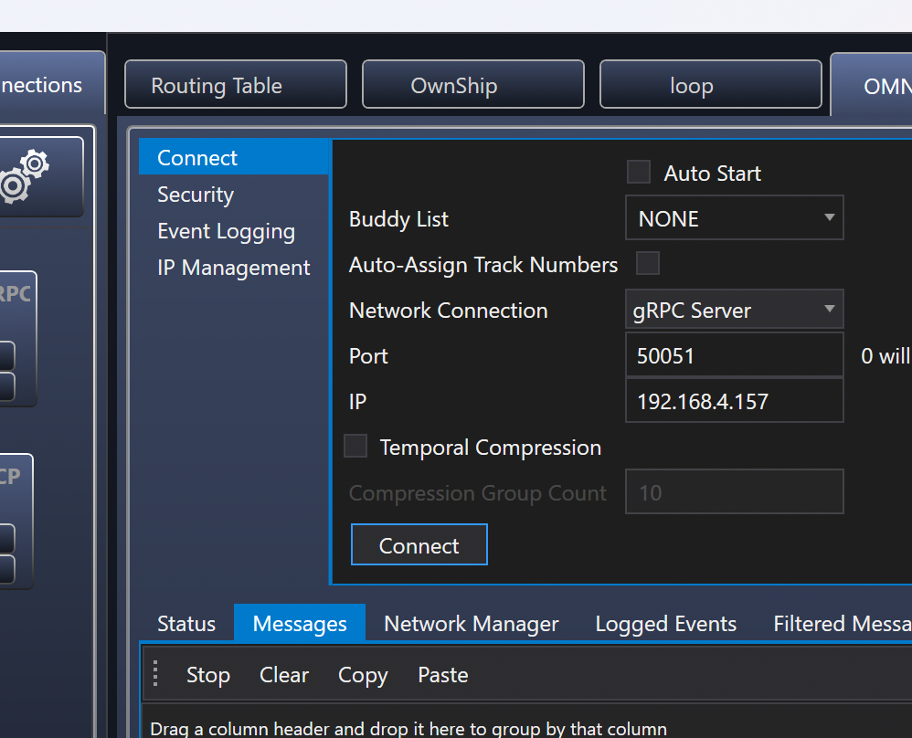 TRAX gRPC server connection settings