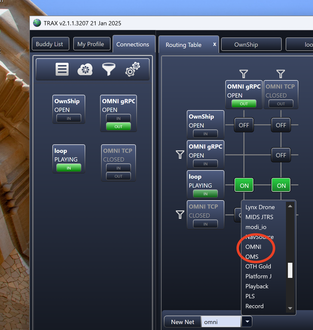 TRAX routing table with OMNI connection