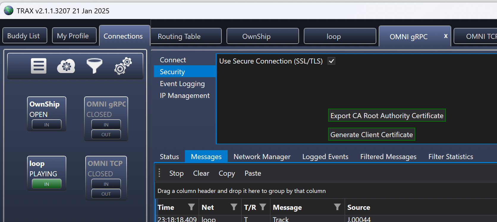 TRAX Security tab with SSL/TLS and certificate export options