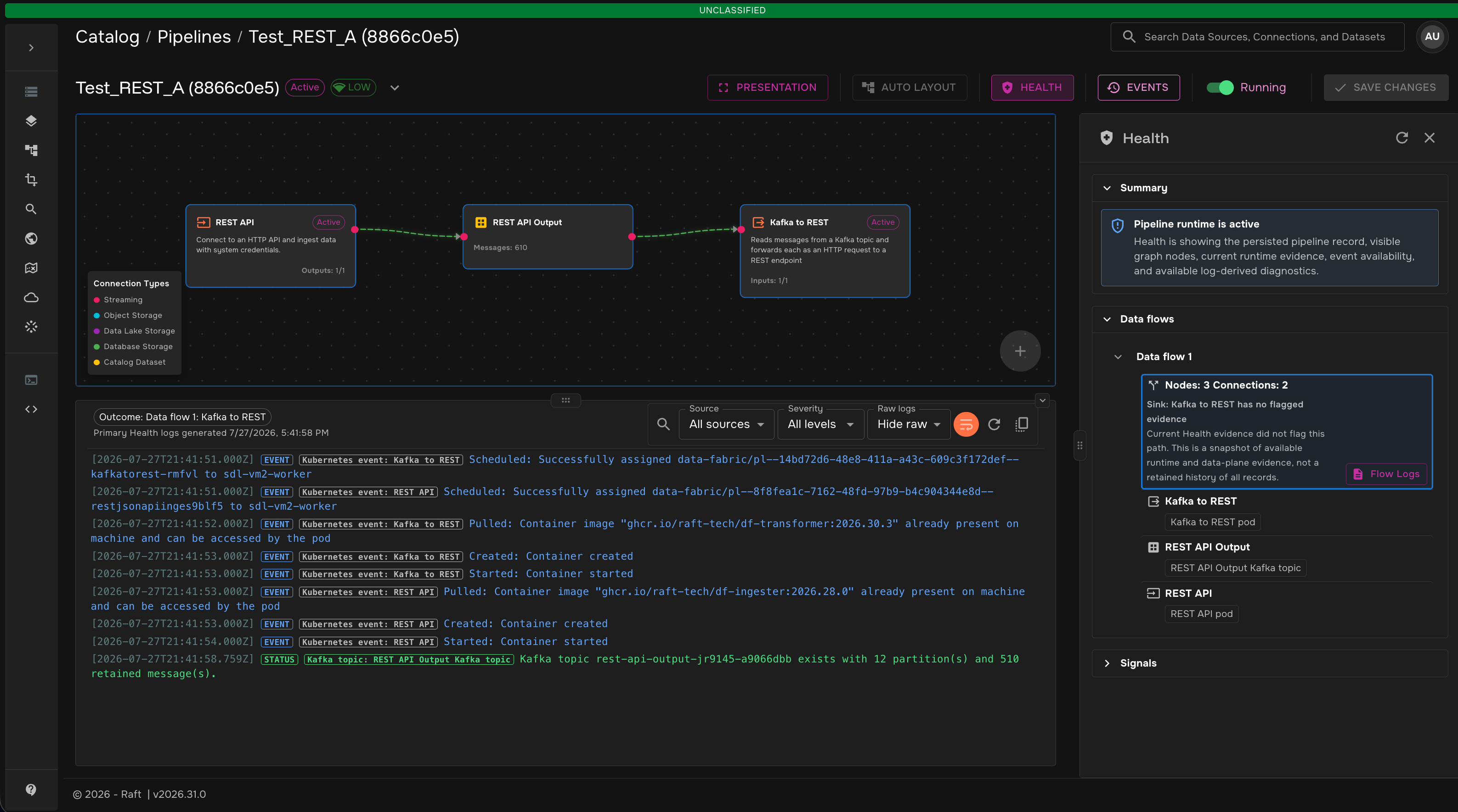 Pipeline Health showing expanded data flow evidence and scoped data flow logs