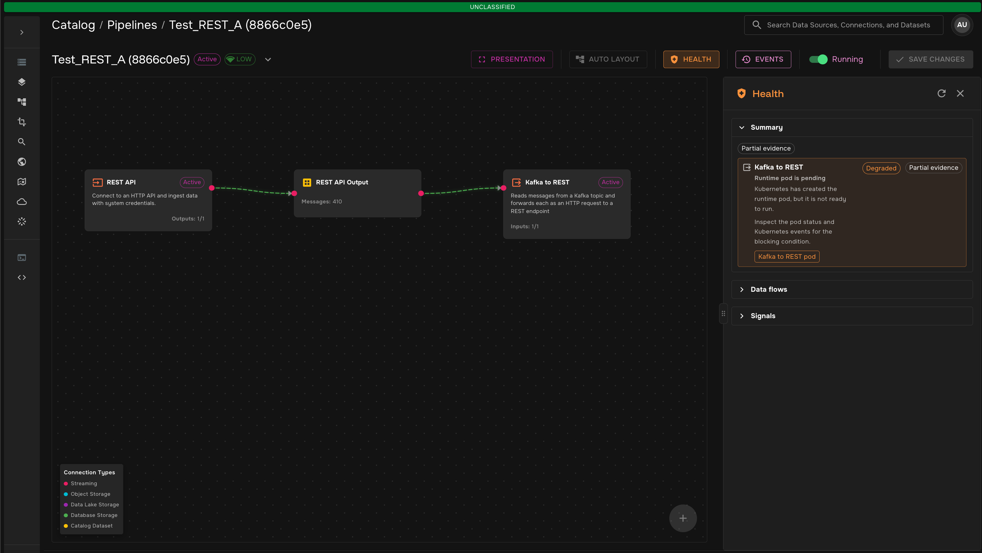 Pipeline Health showing a degraded Kafka to REST runtime pod