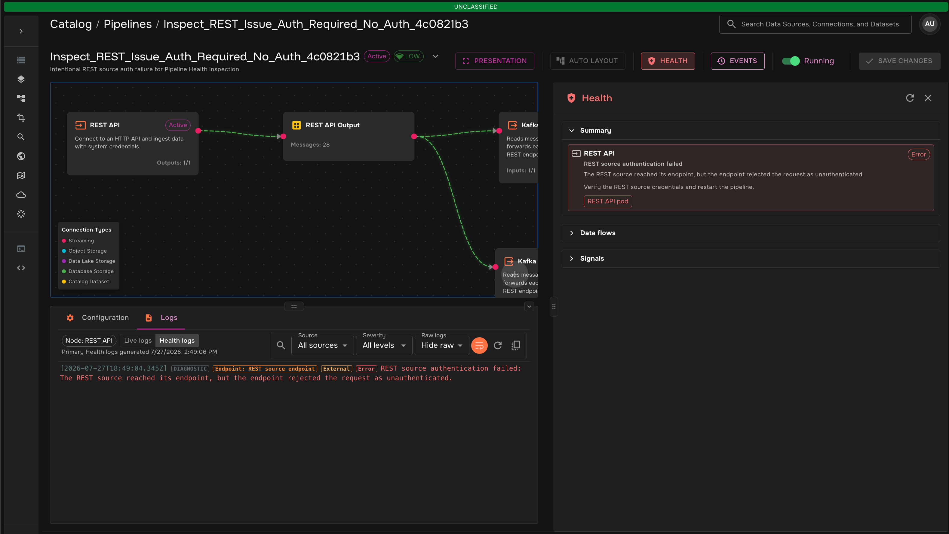 Pipeline Health showing a REST API authentication failure and scoped Health logs